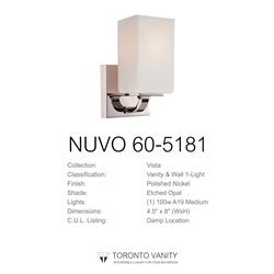 Nuvo Lighting 60-5181 Vista - 1-Light Polished Nickel Vanity Light Fixture with Etched Opal Glass