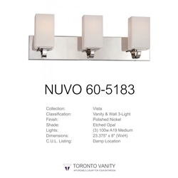 Nuvo Lighting 60-5183 Vista - 3-Light Polished Nickel Vanity Light Fixture with Etched Opal Glass