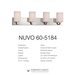 Nuvo Lighting 60-5184 Vista - 4-Light Polished Nickel Vanity Light Fixture with Etched Opal Glass
