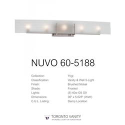 Nuvo 60-5188 Yogi 5-Light Brushed Nickel Halogen Vanity Light Fixture with Frosted Glass