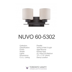 Nuvo 60-5302 Parallel 2-Light Wall Mounted Vanity Light in Aged Bronze Finish with Etched Opal Glass