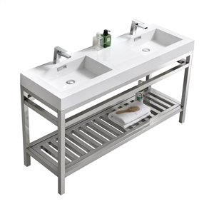 Kube Cisco 60" Stainless Steel Console w/ White Acrylic Double Sink - Chrome