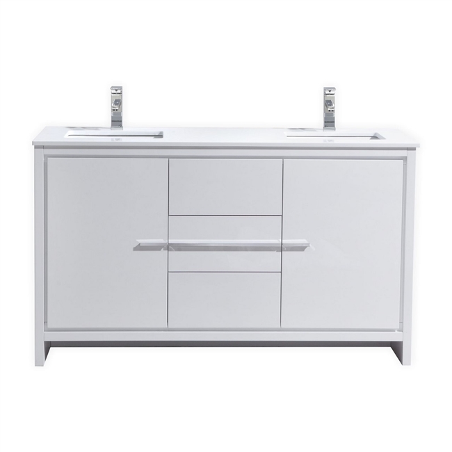 KubeBath Dolce 60'' Double Sink High Gloss White Modern Bathroom Vanity