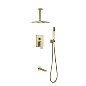 Aqua Piazza Brushed Gold Brass Shower Set w/ 8" Ceiling Mount Square Rain Shower, Handheld and Tub Filler