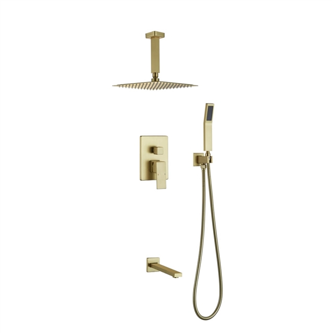 Aqua Piazza Brass Shower Set w/ 8" Ceiling Mount Square Rain Shower, Handheld and Tub Filler-Brushed Gold