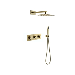 Aqua Piazza Brushed Gold Brass Shower Set w/ 8" Square Rain Shower and Handheld - Thermostatic Valve