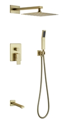 Aqua Piazza Shower Set w/ 8" Square Rain Shower,  Tub Filler and Handheld-Brushed Gold