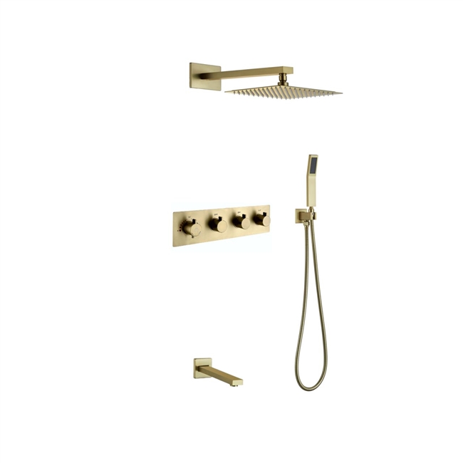 Aqua Piazza Brushed Gold Brass Shower Set w/ 12" Square Rain Shower,  Tub Filler and Handheld W/ Thermostatic Valve