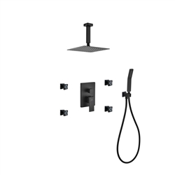 Aqua Piazza Black Brass Shower Set w/ 8" Ceiling Mount Square Rain Shower, Handheld and 4 Body Jets