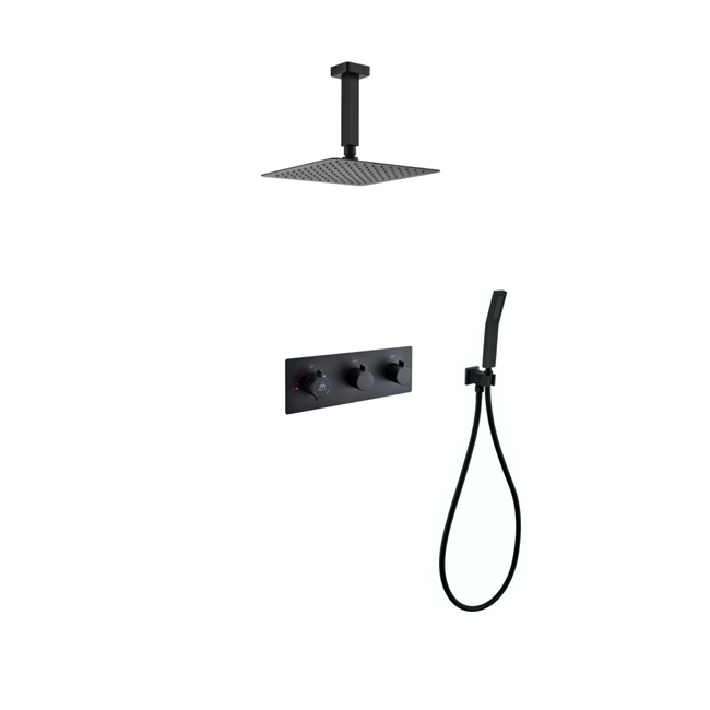 Aqua Piazza Matte Black Shower Set w/ 8" Ceiling Mount Square Rain Shower and Handheld With Thermostatic Valve