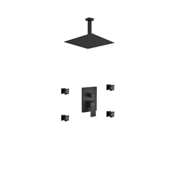 Aqua Piazza Black Brass Shower Set w/ 12" Ceiling Mount Square Rain Shower and 4 Body Jets