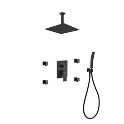 Aqua Piazza Black Brass Shower Set w/ 12" Ceiling Mount Square Rain Shower, 4 Body Jets and Handheld