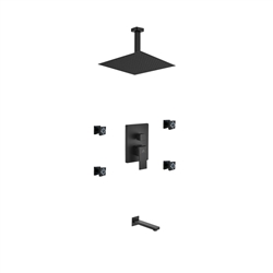 Aqua Piazza Black Shower Set w/ 12" Ceiling Mount Square Rain Shower, Tub Filler and 4 Body Jets