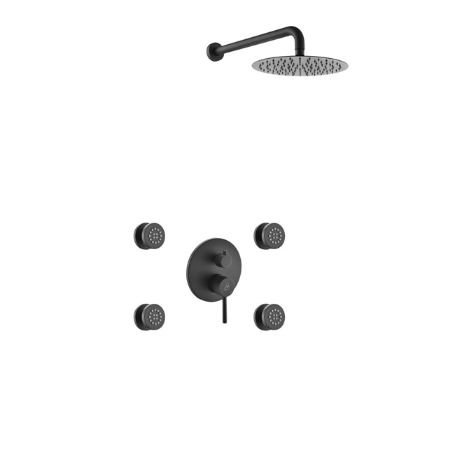 Aqua RONDO Black Brass Shower Set w/ 8" Square Rain Shower and 4 Body Jets