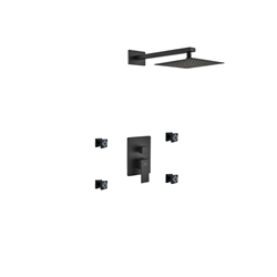 Aqua Piazza Black Brass Shower Set w/ 8" Square Rain Shower and 4 Body Jets