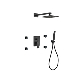 Aqua Piazza Black Brass Shower Set w/ 8" Square Rain Shower,  4 Body Jets and Handheld