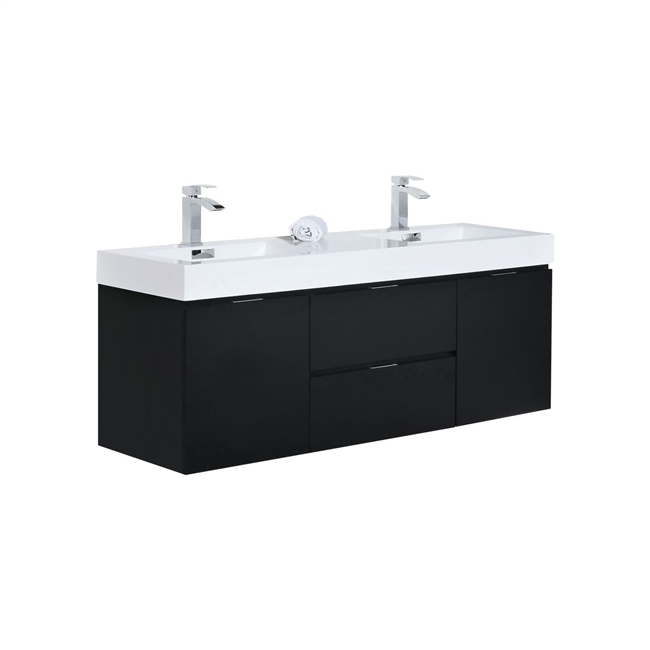 Bliss 60" Wood Black Wall Mount  Double Sink Modern Bathroom Vanity