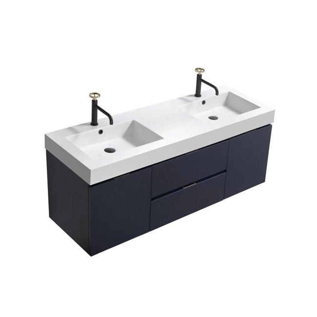 Bliss 60" Wood Blue Wall Mount  Double Sink Modern Bathroom Vanity
