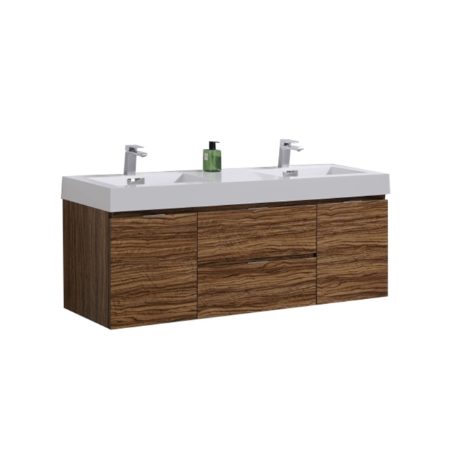 Bliss 60" High Glossy Chestnut Wood Mount  Double Sink Modern Bathroom Vanity