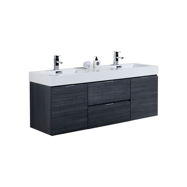 Bliss 60" Gray Oak Mount  Double Sink Modern Bathroom Vanity