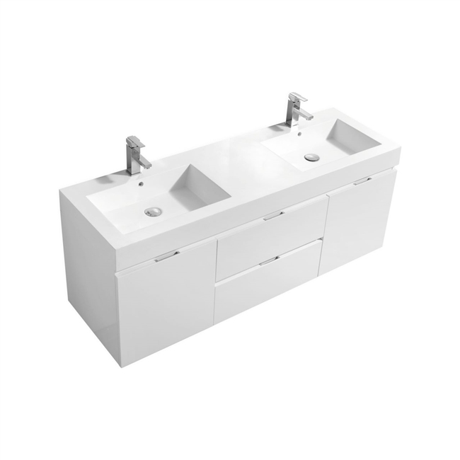 Bliss 60"  Gloss White Wall Mount  Double Sink Modern Bathroom Vanity