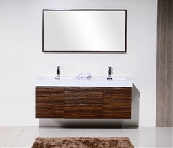 Bliss 59" Walnut Wall Mount  Double Sink Modern Bathroom Vanity