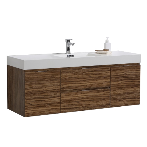 Bliss 60" High Glossy Chestnut Wood Wall Mount  Single Sink Modern Bathroom Vanity