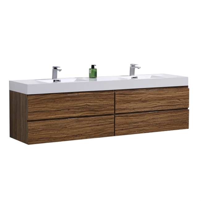 Bliss 71'' High Glossy Chestnut Wood Wall Mount  Double Sink Modern Bathroom Vanity
