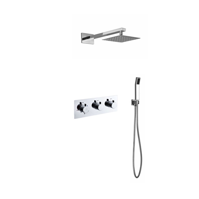 Aqua Piazza Chrome Brass Shower Set w/ 8" Square Rain Shower and Handheld - Thermostatic Valve