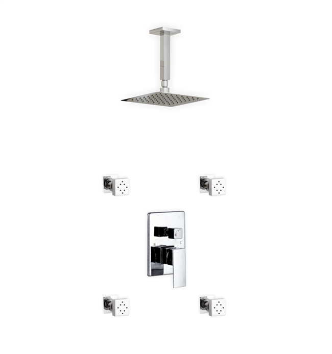 Aqua Piazza Brass Shower Set w/ 8" Ceiling Mount Square Rain Shower and 4 Body Jets