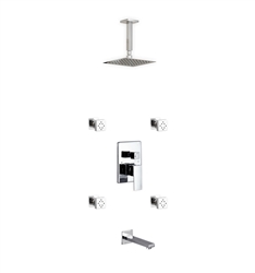 Aqua Piazza Brass Shower Set w/ 8" Ceiling Mount Square Rain Shower, Tub Filler and 4 Body Jets