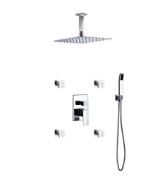 Aqua Piazza Brass Shower Set w/ 12" Ceiling Mount Square Rain Shower, 4 Body Jets and Handheld