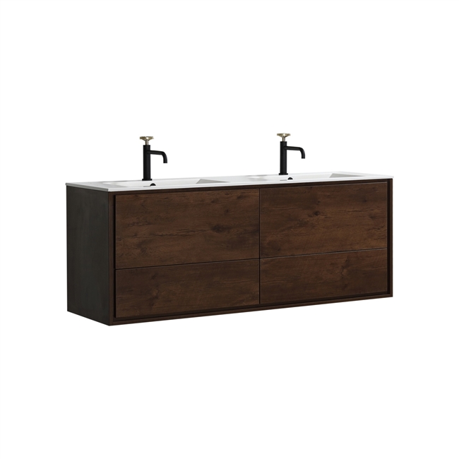 DeLusso 60" Double Rosewood Gray Wall Mount Modern Bathroom Vanity