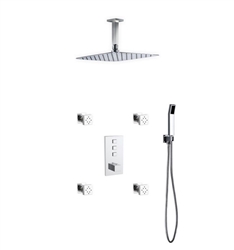 Aqua Piazza Thermostatic Shower Set w/ 12â€³ Ceiling Mount Square Rain Shower, 4 Body Jets and Handheld