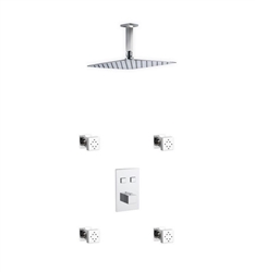 Aqua Piazza Thermostatic Brass Shower Set w/ 12â€³ Ceiling Mount Square Rain Shower and 4 Body Jets
