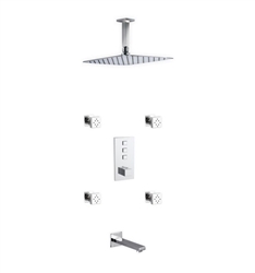 Aqua Piazza Thermostatic Shower Set w/ 12â€³ Ceiling Mount Square Rain Shower, Tub Filler and 4 Body Jets