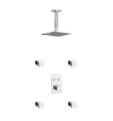 Aqua Piazza Thermostatic Shower Set w/ 8â€³ Ceiling Mount Square Rain Shower and 4 Body Jets