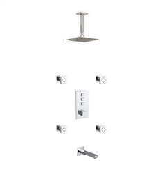Aqua Piazza Thermostatic Shower Set w/ 8â€³ Ceiling Mount Square Rain Shower, Tub Filler and 4 Body Jets