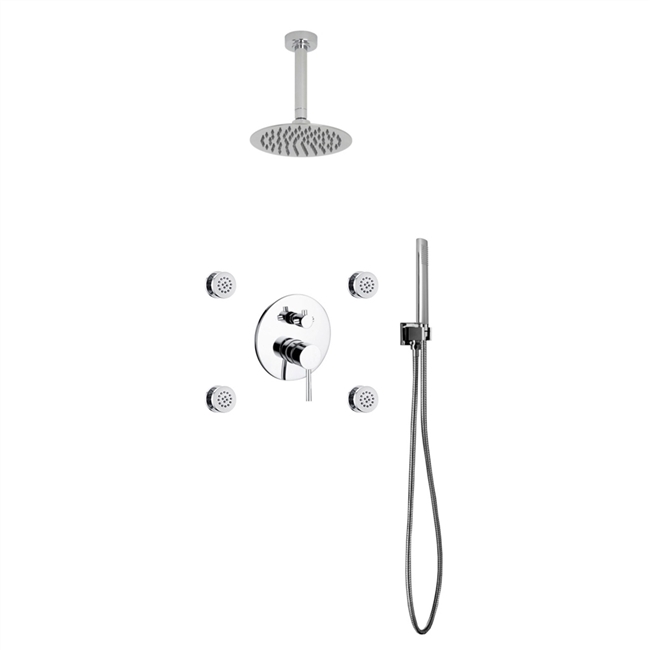 Aqua RONDO Chrome Brass Shower Set w/ 8" Square Rain Shower,  4 Body Jets and Handheld