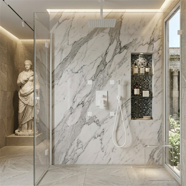Aqua Piazza White Brass Shower Set w/ 8" Ceiling Mount Square Rain Shower, Handheld and 4 Body Jets