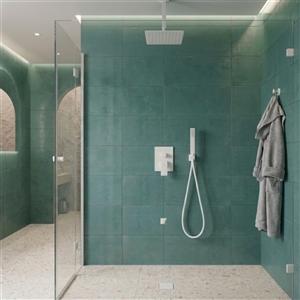 Aqua Piazza White Shower Set w/ 8" Ceiling Mount Square Rain Shower, Handheld and Tub Filler