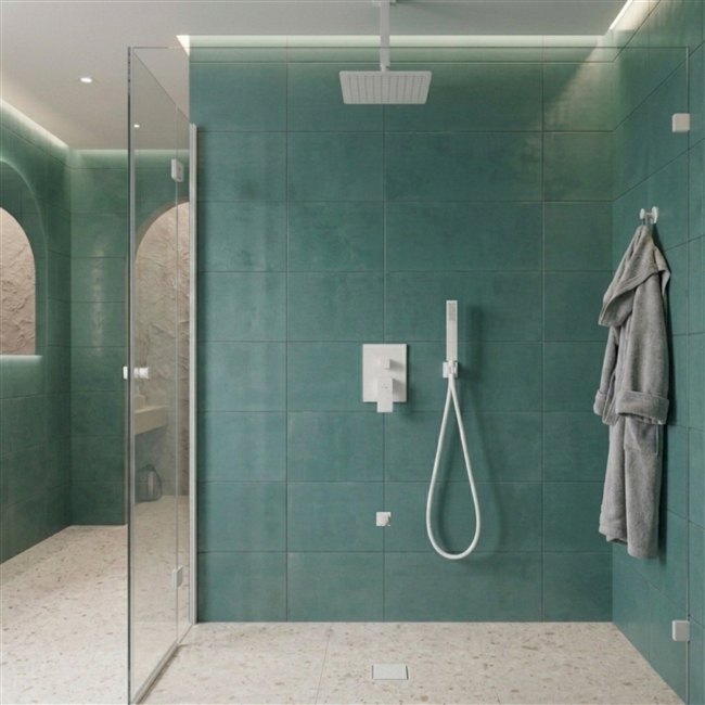 Aqua Piazza White Shower Set w/ 8" Ceiling Mount Square Rain Shower, Handheld and Tub Filler