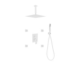 Aqua Piazza White Brass Shower Set w/ 12" Ceiling Mount Square Rain Shower, 4 Body Jets and Handheld
