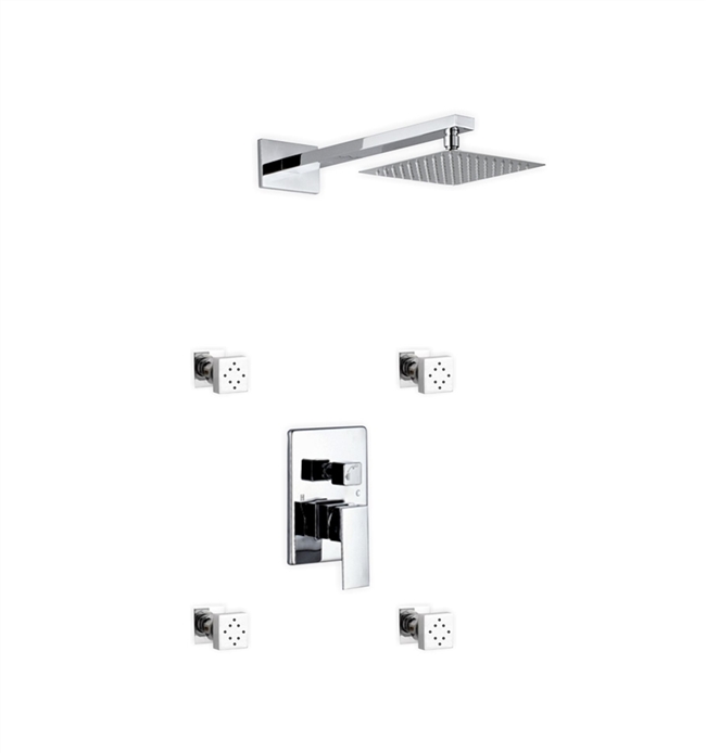 Aqua Piazza Brass Shower Set w/ 8" Square Rain Shower and 4 Body Jets