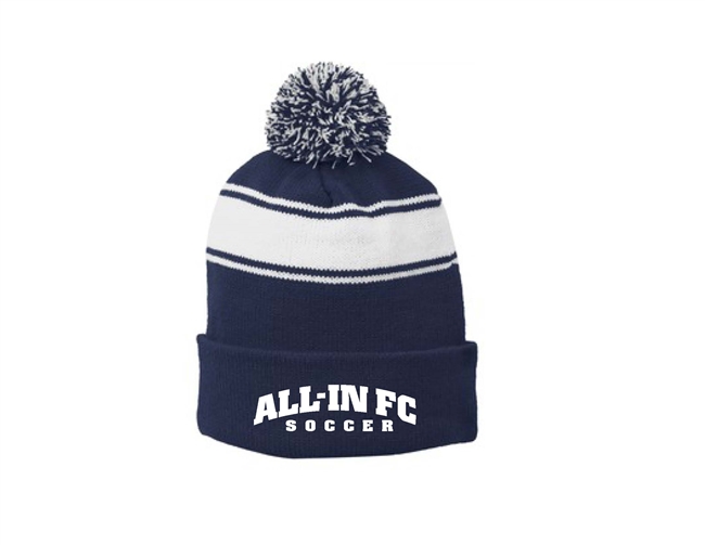 ALL-IN FC Navy and White Striped Pom Pom Beanie