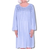 Home Care Line  Womens Blue Cotton Knit Long sleeve nightgown Lace trim Open back Velcro closure-patient gown