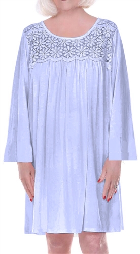 Home Care Line  Womens Blue Cotton Knit Long sleeve nightgown Lace trim Open back Velcro closure-patient gown