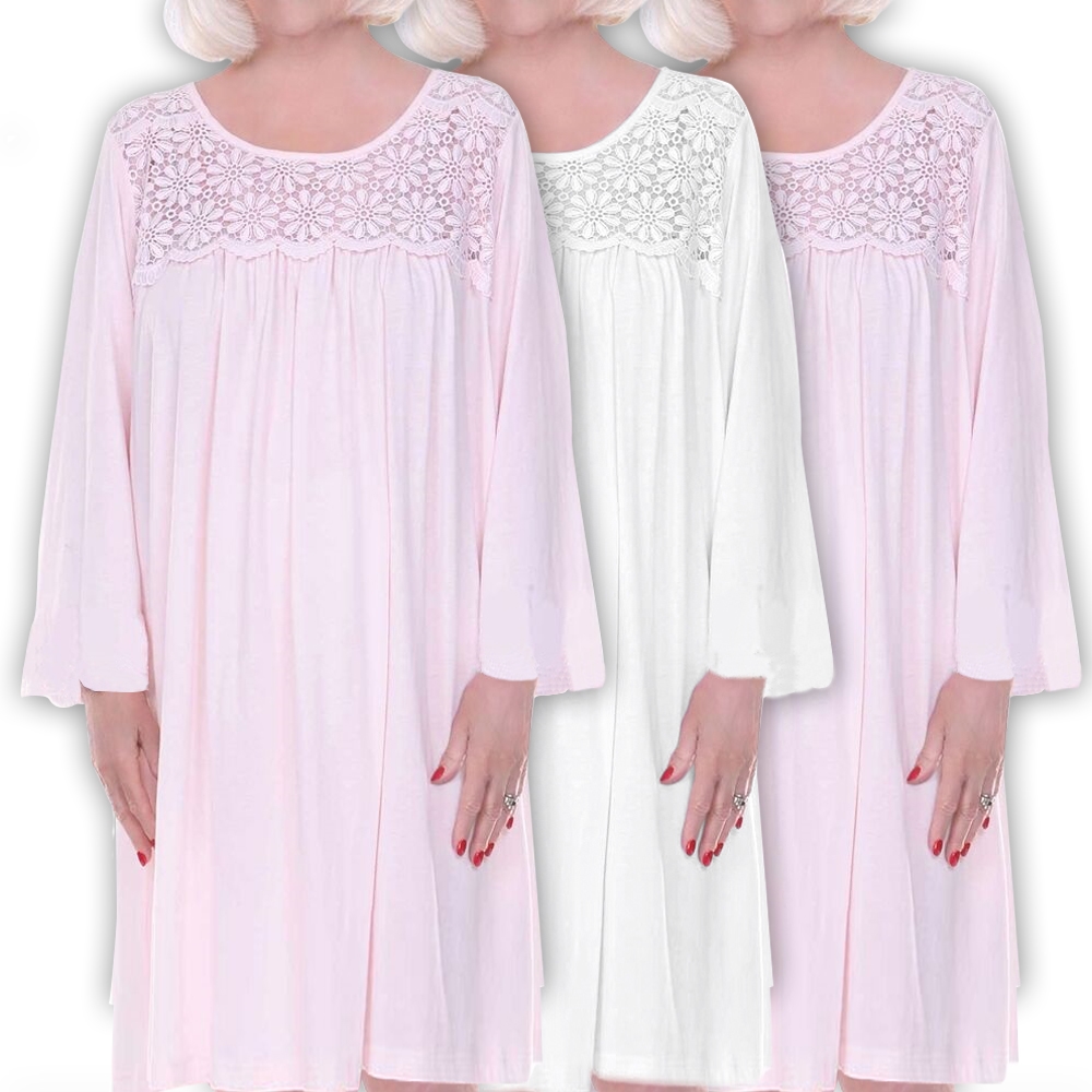 Womens Long sleeve 3 pack 100% Cotton knit nightgown with adaptive