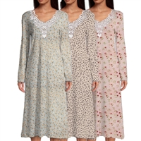 Home Care Line 3-pack Multi Print Womens SO SOFT Long Sleeve knit V neck with lace trim Open back Velcro closures