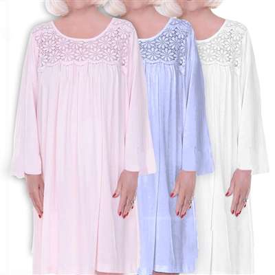 Home Care Line 3-PACK Multi-Nightgowns for Women Long sleeve Cotton Knit Lace trim Velcro closures